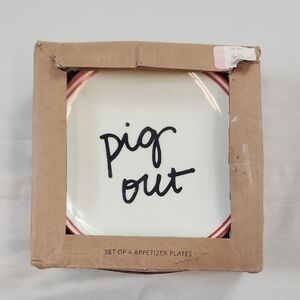 Formation Brands White Red Set Of 4x Appetizer Plates Black Text "Pig Out" NWT